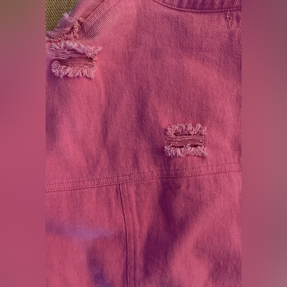 Womens Pink Denim Jacket Distressed Cropped Button Front Size L - Picture 6 of 9